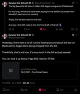 Screenshot 2025-07-01 at 17-53-14 (2) Senator Eric Schmitt on X Yesterday there were a lot of rumors floating around about the ban on Medicaid for illegal aliens being stripped from the bill. Thankfully that&#039;s not true. It&#039;s very much in the bil