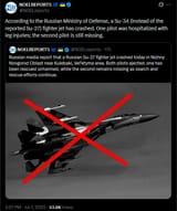 According to the Russian Ministry of Defense, a Su-34 (instead of the reported Su-27) fighter jet has crashed. One pilot was hospitalized with leg injuries 01-07-2025