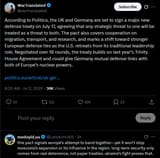 According to Politico, the UK and Germany are set to sign a major new defense treaty on July 17, 02-07-2025 strategic threat to one will be treated as a threat to both