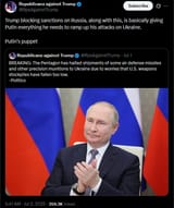 Trump blocking sanctions on Russia, along with this, is basically giving Putin everything he needs to ramp up his attacks on Ukraine. 02-07-2025 RpsAgainstTrump