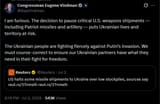 RepVindman 02-07-2025 I am furious. The decision to pause critical U.S. weapons shipments — including Patriot missiles and artillery — puts Ukrainian lives at risk.