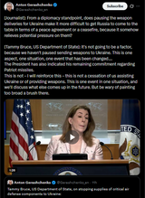 Journalist], From a diplomacy standpoint, does pausing the weapon deliveries for Ukraine make it more difficult 02-07-2025 Tammy Bruce, not a cessation of us assisting HD