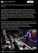 Comment from the Pentagon regarding US supplies of weapons to Ukraine 02-07-2025 DoD provides the President options regarding military aid to Ukraine HD