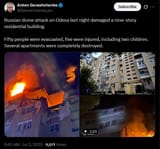 Russian drone attack on Odesa last night damaged a nine-story residential building. 03-07-2025 Fifty people evacuated, 5 injured, including 2 children