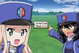 2girls, official art, girls und panzer, outdoors, blue sky, two soyjaks pointing s-2959127579