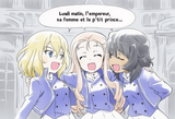 3girls, side-by-side, official art, girls und panzer, indoors, shared speech bub s-4038855547