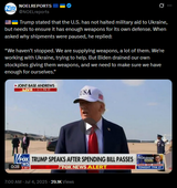 Trump stated that the U.S. has not halted military aid to Ukraine, but needs to ensure it has enough weapons for its own defense. When asked 04-07-2025 HD