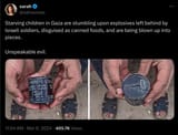 Screenshot 2024-03-07 at 10-38-39 sarah on X Starving children in Gaza are stumbling upon explosives left behind by Israeli soldiers disguised as canned foods and are being blown up into pieces. Unspeakable evil. https __t.co_Yv4hur0TeR _ X