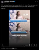 Screenshot 2025-07-04 at 10-09-12 Quds News Network on X Tally Gotliv a Knesset member condemns the entry of humanitarian aid and food to Gaza suggesting that Gazans should be thirsted and starved . https __t.co_MED9PdePgp _ X