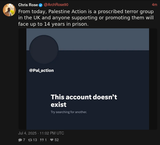 Screenshot 2025-07-05 at 00-21-17 Chris Rose (@ArchRose90) From today Palestine Action is a proscribed terror group in the UK and anyone supporting or promoting them will face up to 14 years in prison. XCancel