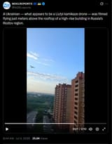 A Ukrainian — what appears to be a Liutyi kamikaze drone — was filmed flying just meters above the rooftop of a high-rise building in Russia’s Rostov 04-07-2025 HD