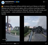 A convoy of Russian military vehicles went up in flames on the M-4 highway near Yelets, Lipetsk region, after a collision involving a civilian Ozon truck 04-07-2025 &#039;Akhmat&#039;