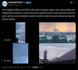 The Engels military airfield in Russia&#039;s Saratov region was reportedly also targetted by drones. Local channels reported electronic warfare systems 05-07-2025