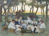 John Philip Falter (Plattsmouth, Nebraska, U.S.A. 1910-1982 Philadelphia, Pennsylvania, U.S.A.) Prairie Grove Picnic - Oil on linen 1977