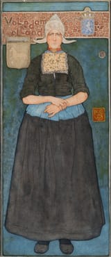 Nicolaas Wilhelm Jungmann (Amsterdam, South Holland, Kingdom of the Netherlands 1872-1935 London, England, U.K.) A Woman from Volendam - Gouache and watercolour, over a pencil underdrawing, with double framing lines in black ink on paper 1889-min