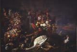 Peter Boel (Antwerp 1622-1674 Paris) A parrot or macaw, an ape, a couple of rooster and hen, and dead game of a hare, a deer and a swan among bouquets - oil on canvas
