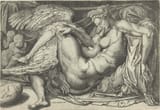 Michelangelo Buonarroti (Caprese 1475-1564 Rome) Leda and the swan - tempera 1530 [c.1544-1600 engraving anonymous copy]
