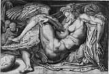 Michelangelo Buonarroti (Caprese 1475-1564 Rome) Leda and the swan - tempera 1530 [c.1545-50 engraving copy by Nicolas Beatrizet]