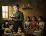 José Ferré-Clauzel (Tolouse 1961-) Catalina Bustamante - oil on canvas 2025 [teacher of the indigenous elites in Texcoco, holding the Grammar of the Castilian Language by Antonio de Nebrija]