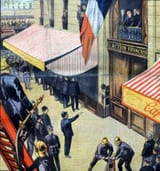 Unknown artist (French 20th c.) Police siege of the office of the newspaper L&#039;Action française to arrest the monarchist and antisemite politician Léon Daudet - 1927 [13 June 1927; Le Petit Journal Illustré nº1905]