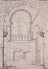 José María Avrial y Flores (Madrid 1807-1891 ibid.) Interior view of the Church of St. Michael of Lillo, Oviedo - ink on paper 1847
