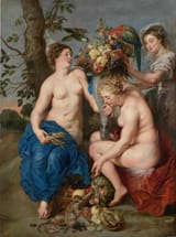 Frans Snyders (Antwerp, Duchy of Brabant, H.R.E. 1579-1657 ibidem) and Peter Paul Rubens (Siegen, County of Nassau-Dillenburg, H.R.E. 1577-1640 Antwerp, Duchy of Brabant, H.R.E.) Three Nymphs with a Cornucopia - Oil on canvas c.1617-min