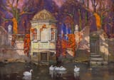 Louis Joseph Reckelbus (Bruges, Province of West Flanders, Kingdom of Belgium 1864-1958 ibidem) Swans on de Groenerei in Bruges - Watercolour on board