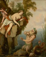 Laurent de La Hyre (Paris, Kingdom of France 1606-1656 ibidem) Glaucus and Scylla (The sea god Glaucus pulls aside his beard, revealing Cupid&#039;s arrow protruding from his chest, and professes his love for the nymph Scylla) - Oil on canvas c.1644-min