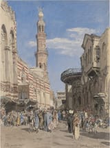 Karl Paul Themistokles von Eckenbrecher (Athens, Kingdom of Greece 1842-1921 Goslar, Province of Hanover, German Reich) Straße in Kairo mit der al-Azhar-Moschee - Aquarell 1881-min
