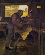 John George Brown (Durham, County Durham, England, U.K. 1831-1913 New York City, New York, U.S.A.) Preparing a Deer Hide - Oil on canvas 1904