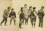 Frederic Sackrider Remington (Canton, New York, U.S.A. 1861-1909 Ridgefield, Connecticut, U.S.A.) Newsboys Waiting for Delivery Time - Watercolor and black ink en grisaille on board c.1894