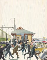 John Philip Falter (Plattsmouth, Nebraska, U.S.A. 1910-1982 Philadelphia, Pennsylvania, U.S.A.) Commuters in the Rain, sketch for cover of The Saturday Evening Post - Mixed media on board 1961