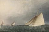 James Edward Buttersworth (London, England, U.K. 1817-1894 West Hoboken, New Jersey, U.S.A.) A Racing Scene on Nyack Sound, the Volunteer in the Foreground - Oil on canvas c.1887