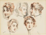 Paul César Helleu (Vannes, Morbihan, French Empire 1859-1927 Paris, French Republic) Five head studies of a young lady - Black and sanguine chalk with pencil heightened with white on paper 1914