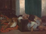 Pascal-Adolphe-Jean Dagnan-Bouveret (Paris, French Republic1852-1929 Quincey, Haute-Saône, French Republic) Orientalist Scene of a Sleeping Man and Tiger - Oil on Canvas 1872