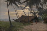 Uknown Artist (Italian, 19th-20th Century) Palm Beach with Thatched Hut in Ceylon - Oil on canvas 1905-min