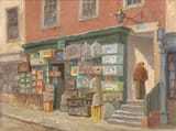 Charles Frederick William Dening (Chard, Somerset, England, U.K. 1876-1952) Going cheep - The Old Pet Shop on the Horsefair, Bristol - Oil on canvas 1926-min