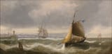 William Callow (Greenwich, Kent, England, U.K. 1812-1908 Great Missenden, Buckinghamshire, England, U.K.) Sailboats off the northern French coast during a storm - Oil on canvas