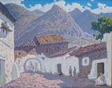 Rafael Martínez Díaz (Madrid, Kingdom of Spain 1915-1991) Paisaje con pueblo y montañas al fondo (Landscape with a village and mountains in the background) - Óleo sobre lienzo