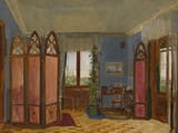 Apollinary Gilyarievich Goravsky (Uborky, Minsk Governorate, Russian Empire 1833-1900 Kirilovich, Saint Petersburg Governorate, Russian Empire) Interior of a St. Petersburg palace with a view of a park - Oil on canvas 1854-min