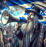 ai_art_ashkenazi_blue_flag_star_bullhorn_top_of_building_money_flying_angry