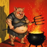 1751079377_imagen_imagen_prompt_wicked_ugly_pig_man_standing_in_a_boiling_hot_red_room_with_bubbles_rising_up_under_the_wallpaper._the_sweaty_pig_man_is_wearing_a_chainmail_and_is_laughing_whilst_poki_
