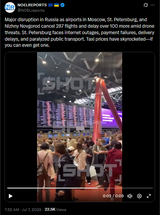 Major disruption in Russia as airports in Moscow, St. Petersburg, and Nizhny Novgorod cancel 287 flights and delay over 100 more amid drone threats. St. Petersburg 07-07-2025 HD