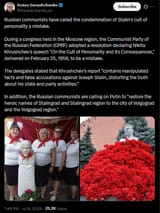 Russian communists have called the condemnation of Stalin&#039;s cult of personality a mistake 06-04-2025 &#039;On the Cult of Personality and Its Consequences&#039; 1956