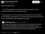 German Foreign Office 08-07-2025 The Chinese military has targeted a German aircraft in the EU operation ASPIDES with a laser deployment.