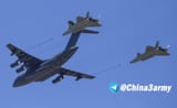 Training of the air part of the Victory Parade over militaristic Japan PLA Air Force Yun-20U tanker aircraft simulate in-flight refueling of Hong-6N strategic bombers, Jian-16 and Jian-20 fighters