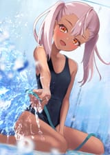 lolibooru 578508 black_one-piece_swimsuit chloe_von_einzbern dark-skinned_female fate_kaleid_liner_prisma_illya hair_between_eyes looking_at_viewer one-piece_swimsuit