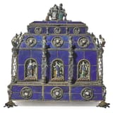 (#656) A large veneered lapis lazuli casket with jewelled silver, rock crystal and enamel mounts, Hermann Böhm, Vienna, late 19th century