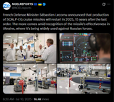French Defense Minister Sébastien Lecornu announced that production of SCALP-EG cruise missiles will restart in 2025, 15 years after the last order 10-07-2025