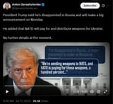 President Trump said he&#039;s disappointed in Russia and will make a big announcement on Monday 11-07-2025 NATO will pay for weapons for Ukraine HD